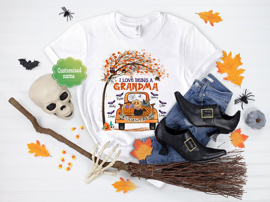 Personalized T-Shirt I Love Being A Grandma Trick Or Treat Pumpkin Truck Printed With Maple Tree Custom Grandkids Name