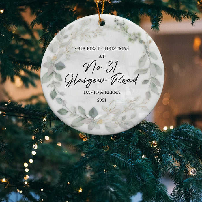 Personalized Ornament Our First Christmas At New Address Print Eucalyptus Wreath New Home Ornament Custom Names Address