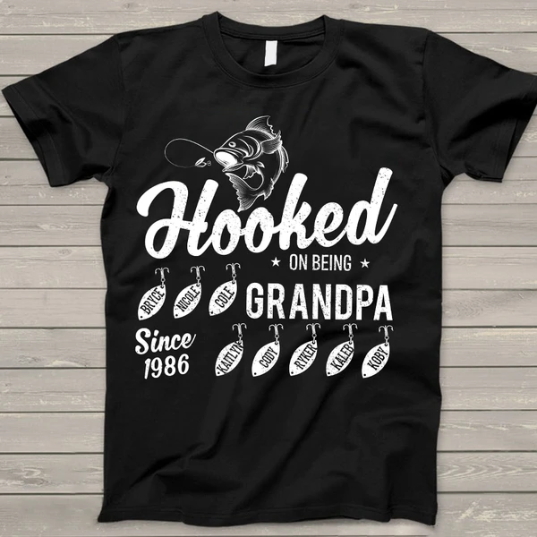 Personalized T-Shirt For Fishing Lovers Hooked On Being Grandpa Since 1986 Custom Grandkids Name Hook And Fish Printed