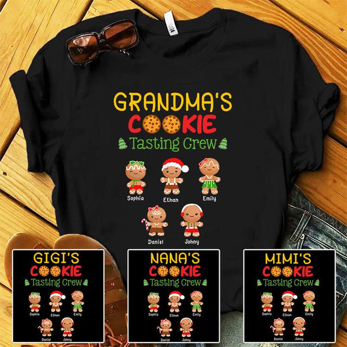 Personalized Christmas Grandma's Cookie Tasting Crew T Shirt For Nana Nanny Granny Custom Grandkids Xmas Ornaments Decor