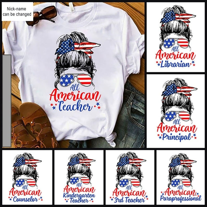 Personalized T- Shirt For Women Bun Girl America Flag Art Printed Shirt For Independence Day