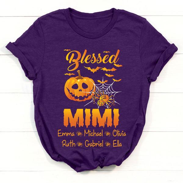 Personalized T-Shirt For Grandma Blessed Mimi Pumpkin Lantern & Spider Printed Custom Grandkids Name Shirt For Halloween