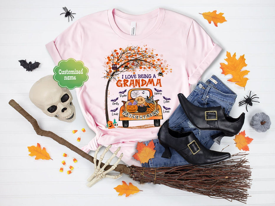 Personalized T-Shirt I Love Being A Grandma Trick Or Treat Pumpkin Truck Printed With Maple Tree Custom Grandkids Name