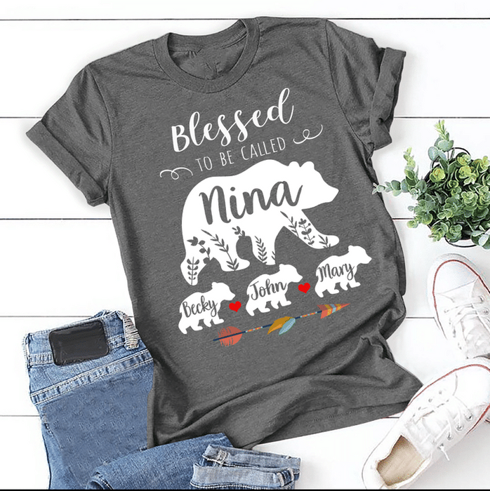 Personalized T-Shirt For Grandma Blessed To Be Called Nina Cute Bear & Arrow Printed Custom Grandkids Name