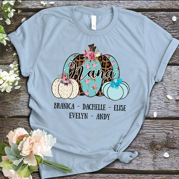 Personalized T-Shirt For Grandma Nana Leopard Floral Checkered Pumpkin Printed Custom Grandkids Name Shirt For Halloween