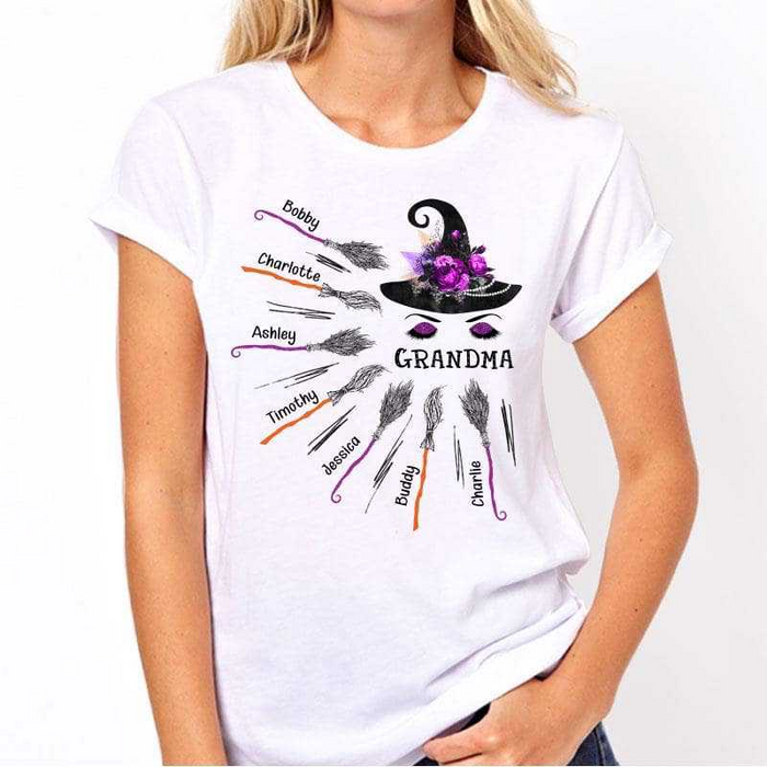 Personalized T-Shirt For Grandma Witch Hat With Flower Above And Broom Printed Custom Grandkid's Name Halloween Shirt