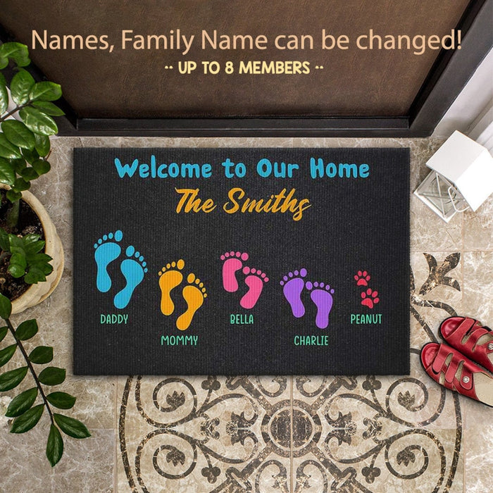 Personalized Doormat Welcome To Our Home Colorful Footprint And Dog Paw Custom Family Name And Member's Name