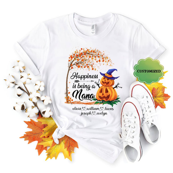 Personalized T-Shirt For Grandma Happiness Is Being A Nana Pumpkin With Witch Hat & Maple Tree Custom Grandkids Name