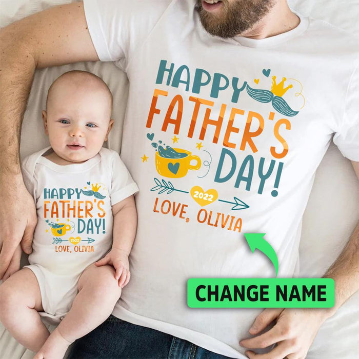 Personalized Matching T-Shirt & Baby Onesie Happy Father's Day Funny Tea & Arrow Printed Custom Name Daddy & Baby Set