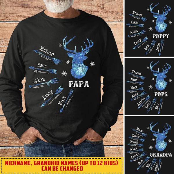 Personalized Sweatshirt & T-Shirt For Grandpa Papa Hunting Deer Arrow And Snowflake Printed Custom Grandkids Name