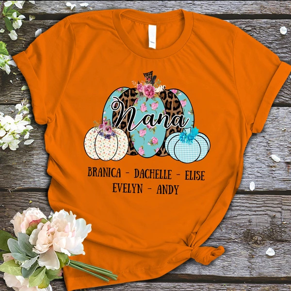 Personalized T-Shirt For Grandma Nana Leopard Floral Checkered Pumpkin Printed Custom Grandkids Name Shirt For Halloween