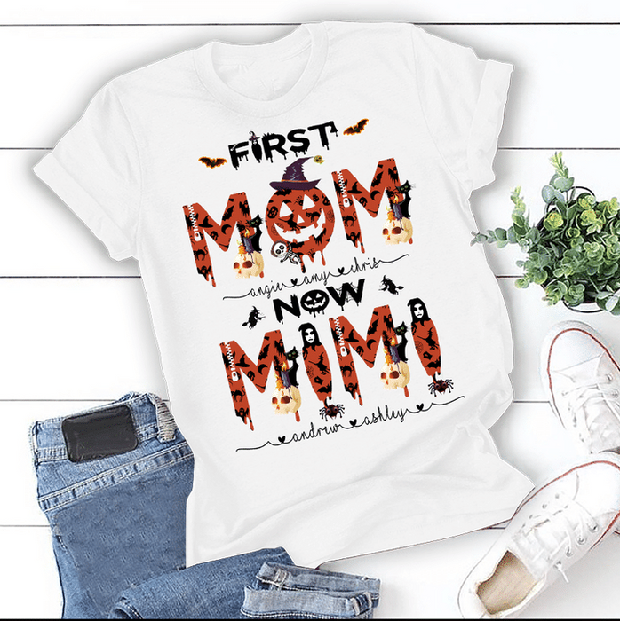 Personalized T-Shirt For Grandma First Mom Now Mimi Halloween Design With Funny Pumpkin Face & Skull Custom Kids Name