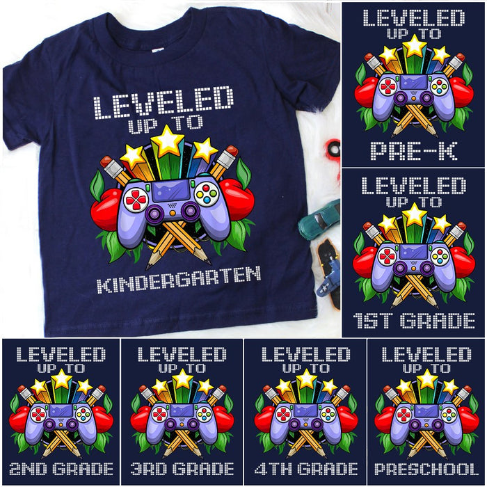 Personalized T-Shirt For Kids Back To School Level Up To Kindergarten Video Game Pencil Apple Printed Custom Grade Level