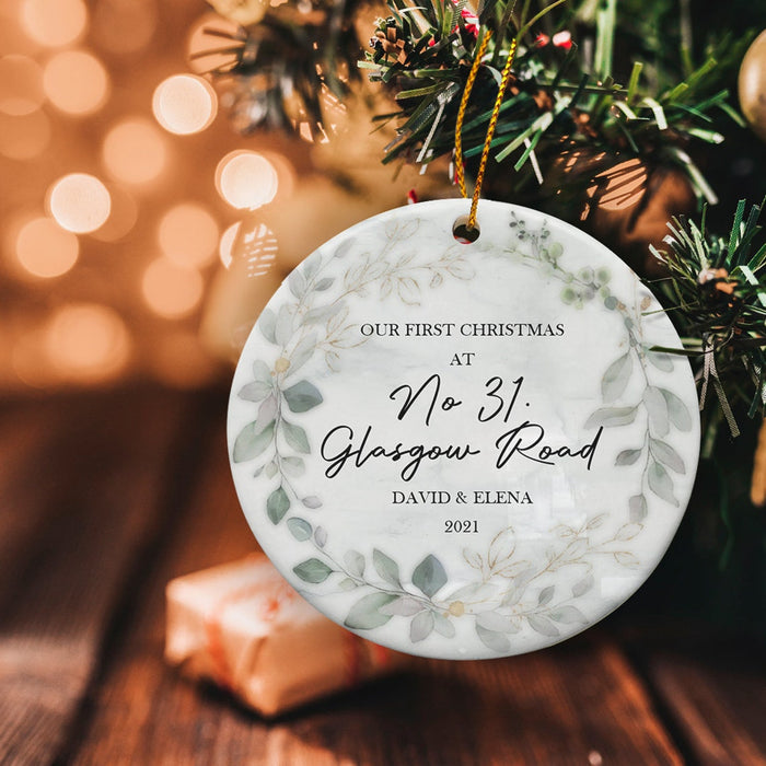 Personalized Ornament Our First Christmas At New Address Print Eucalyptus Wreath New Home Ornament Custom Names Address