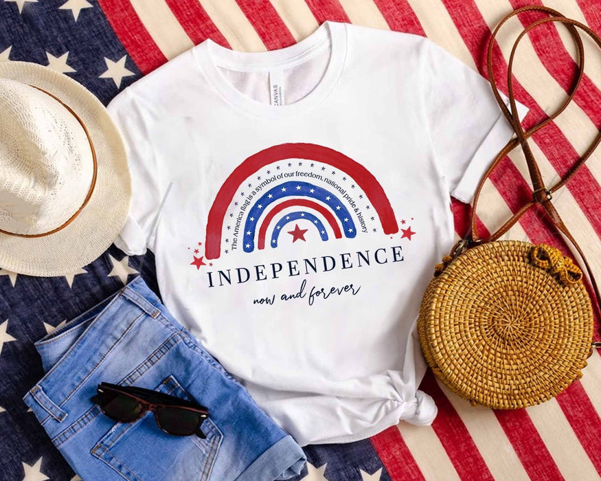 Classic Unisex T-Shirt Independence Now And Forever American Rainbow Red White Blue Design Patriotic Shirt