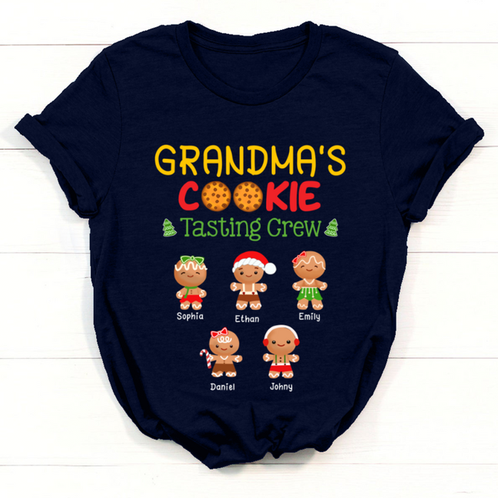 Personalized Christmas Grandma's Cookie Tasting Crew T Shirt For Nana Nanny Granny Custom Grandkids Xmas Ornaments Decor