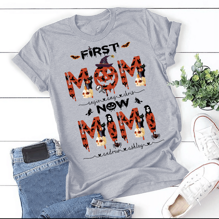 Personalized T-Shirt For Grandma First Mom Now Mimi Halloween Design With Funny Pumpkin Face & Skull Custom Kids Name