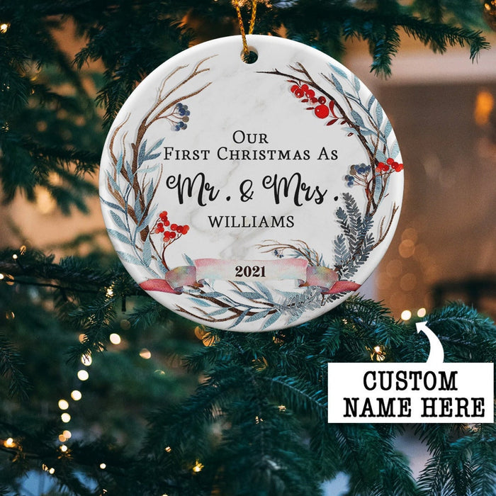 Personalized Ornament Our First Christmas As Mr & Mrs Leaves Wreath Printed Custom Family Name & Year Newlywed Ornament