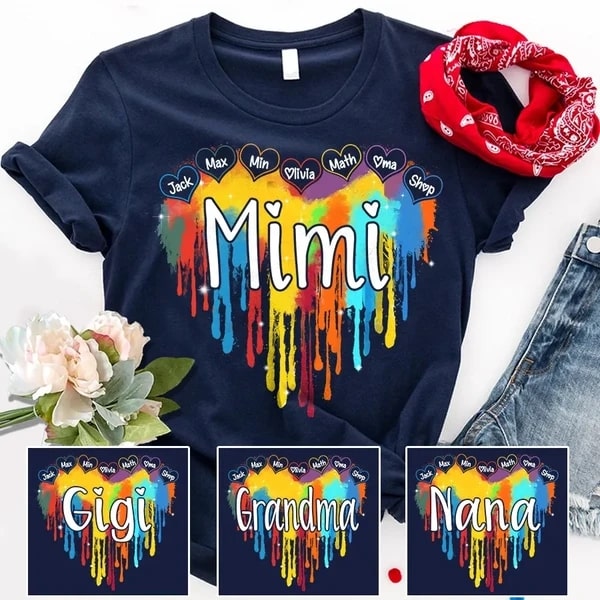 Personalized T-Shirt For Grandma Mimi Love Dripping Heart Shirt Rainbow Color Design Custom Grandkids Name