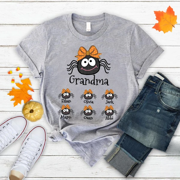 Personalized T-Shirt For Grandma Cute Spider With Bow Printed Custom Grandkids Name Shirt For Halloween