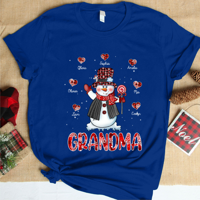 Personalized T-Shirt For Grandma Cute Snowman With Candy & Heart Printed Red Plaid Design Custom Grandkids Name