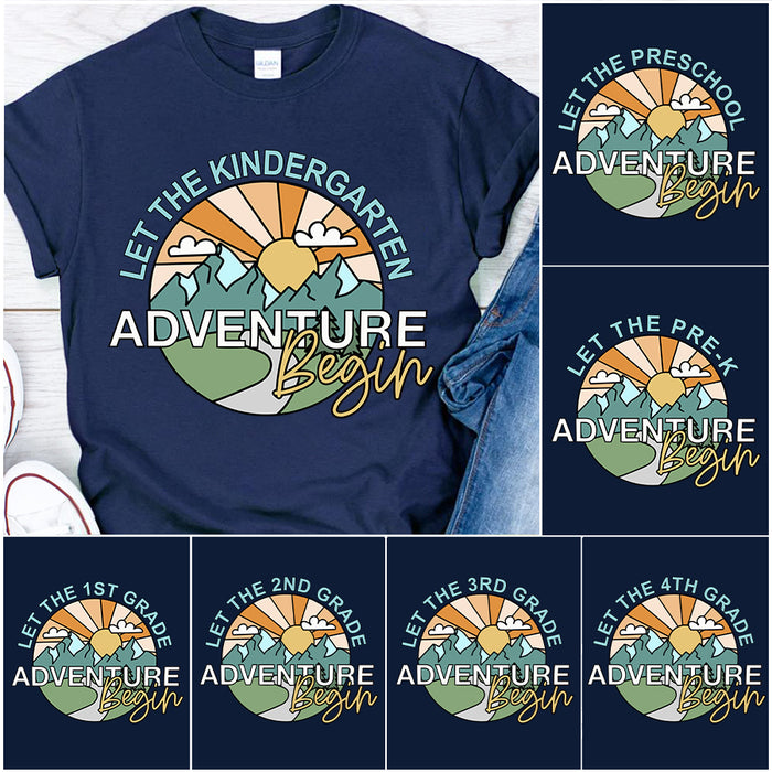 Personalized T-Shirt For Kids Back To School Let The Kindergarten Adventure Begin Moutain Printed Custom Grade Level