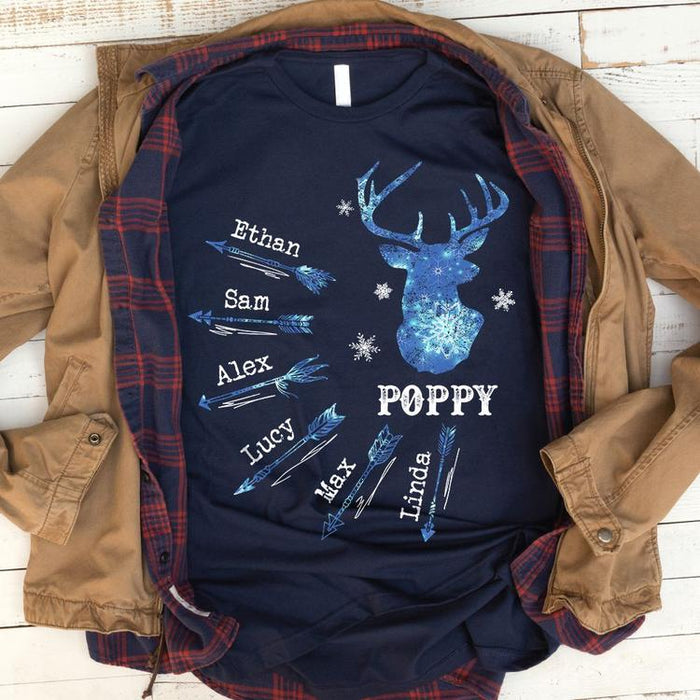 Personalized Sweatshirt & T-Shirt For Grandpa Papa Hunting Deer Arrow And Snowflake Printed Custom Grandkids Name