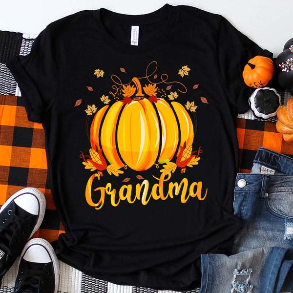 Personalized T-Shirt For Grandma Cute Pumpkin And Maple Leaves Printed Custom Grandma's Nickname Fall Shirt