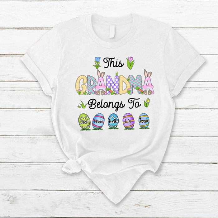 Personalized T-Shirt This Grandma Belongs To Easter Day Shirt Cute Bunny & Easter Eggs Printed Custom Grandkids Name