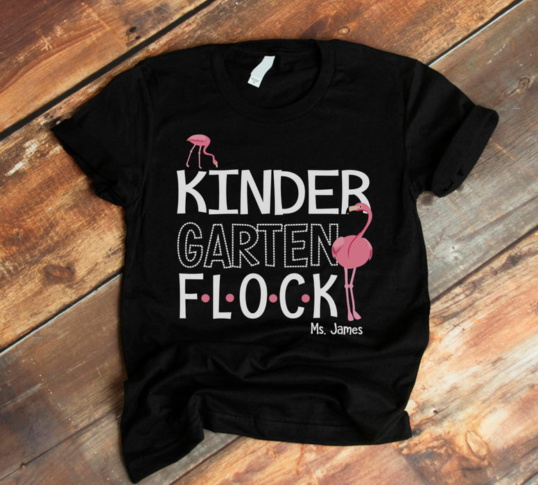 Personalized T-Shirt For Teacher Kindergarten Flock Pink Flamingo Printed Custom Name Back To School Outfit