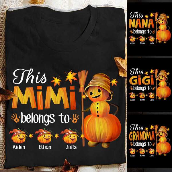 Personalized T-Shirt For Grandma This Mimi Belongs To Custom Grandkids Name Cute Scarecrow Pumpkin Handprint Fall Shirt