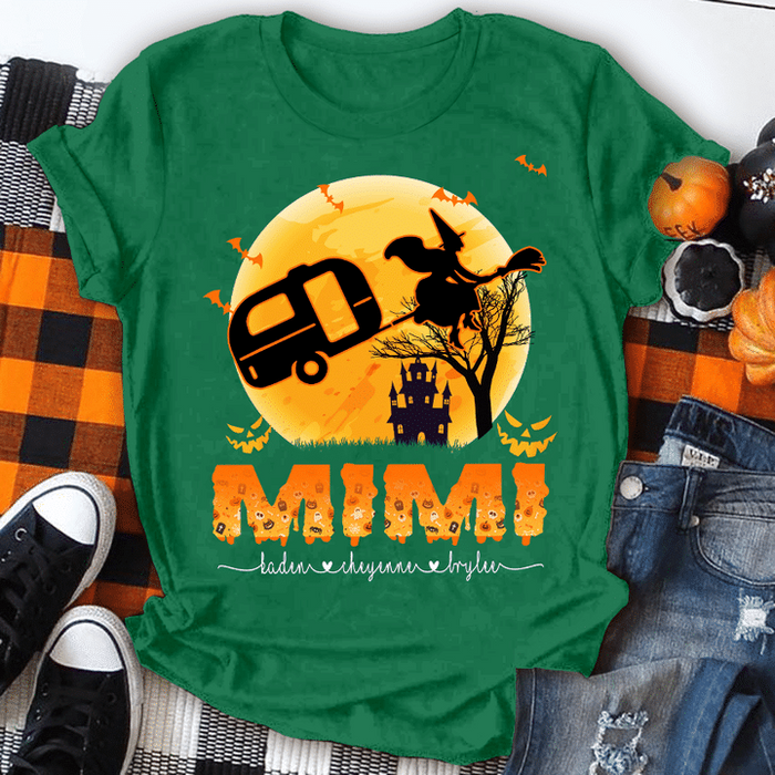 Personalized T-Shirt For Grandma Mimi Witch Motorhome Moon Castle Bat Printed Custom Grandkids Name Shirt For Halloween