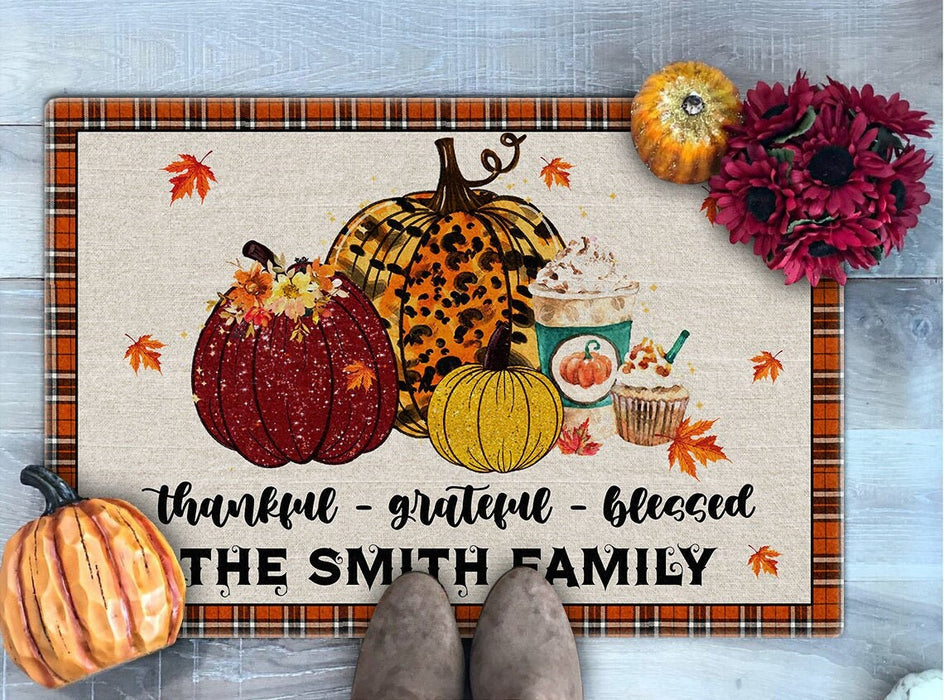 Personalized Doormat Thankful Grateful Blessed Leopard Pumpkin And Leaves Printed Custom Family Name Fall Doormat