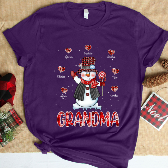 Personalized T-Shirt For Grandma Cute Snowman With Candy & Heart Printed Red Plaid Design Custom Grandkids Name