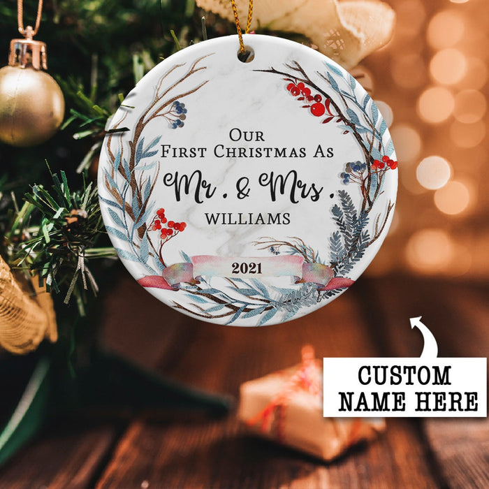 Personalized Ornament Our First Christmas As Mr & Mrs Leaves Wreath Printed Custom Family Name & Year Newlywed Ornament