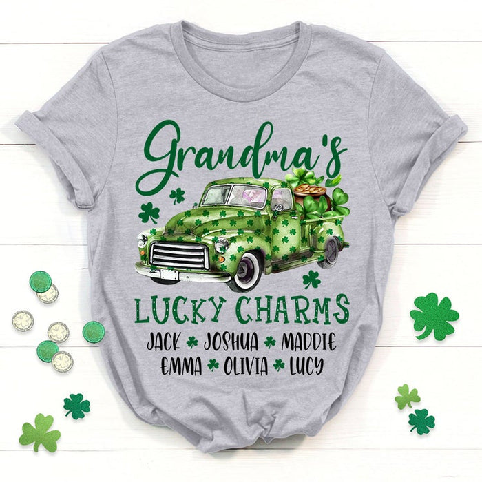 Personalized Patrick's Day T-Shirt Grandma's Lucky Charms Shamrock Truck Printed Custom Grandkids Name