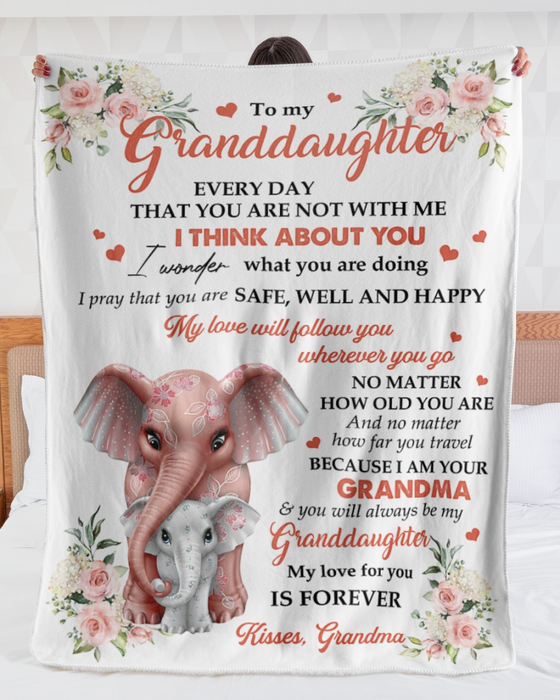 Personalized To My Granddaughter Blanket From Grandpa Grandma Cute Elephant Flower I Think About You Custom Name