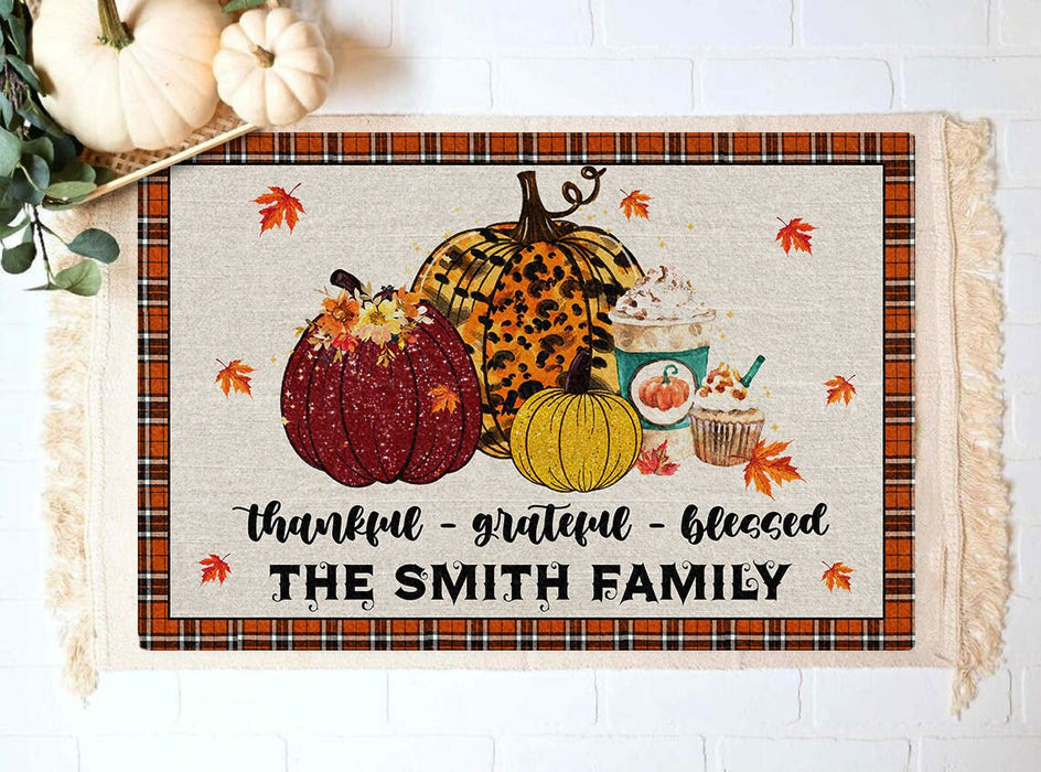 Personalized Doormat Thankful Grateful Blessed Leopard Pumpkin And Leaves Printed Custom Family Name Fall Doormat