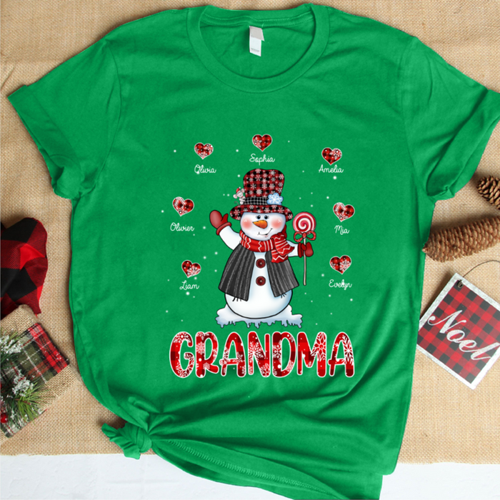 Personalized T-Shirt For Grandma Cute Snowman With Candy & Heart Printed Red Plaid Design Custom Grandkids Name