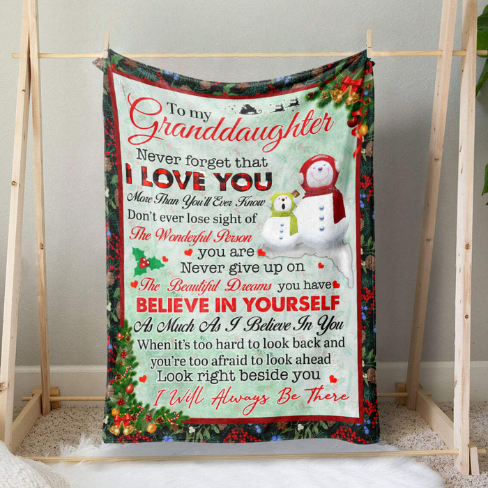 Personalized To My Granddaughter Blanket Never Forget That I Love You Cute Snowmen & Xmas Tree Printed Plaid Design