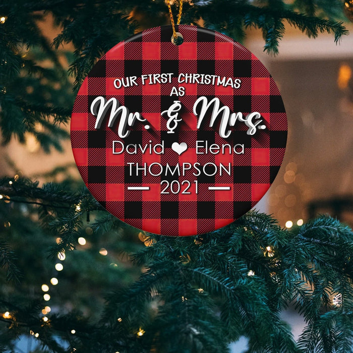 Personalized Ornament For Wife Husband Our First Christmas As Mr & Mrs Red Buffalo Plaid Design Custom Names & Year