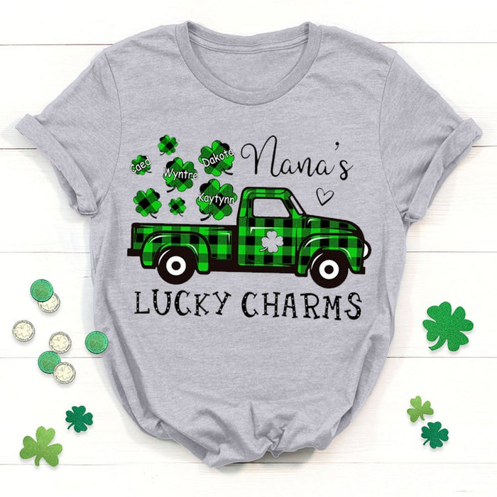 Personalized T-Shirt For Grandma Nana'S Lucky Charms Green Plaid Shamrock Truck Printed Custom Grandkids Name