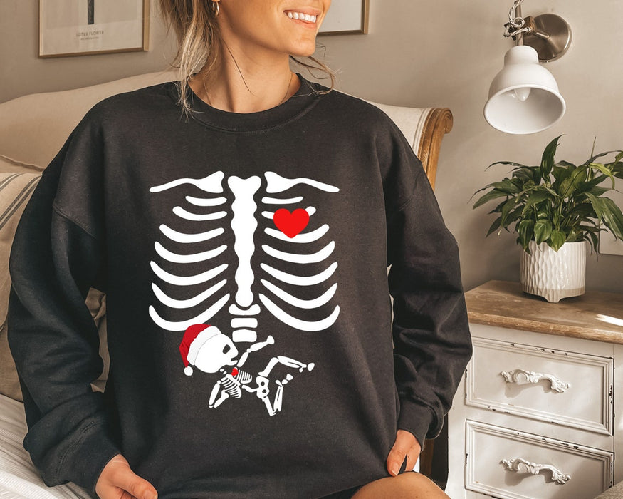 Maternity Christmas Sweatshirt For Future Mom Funny Skeleton Printed Pregnancy Announcement Shirt