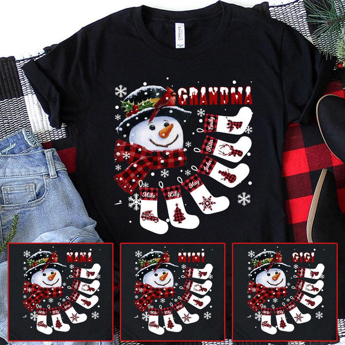 Personalized T-Shirt For Grandma Cute Snowman With Hat & Scarf Printed Red Plaid Design Custom Grandkids Name