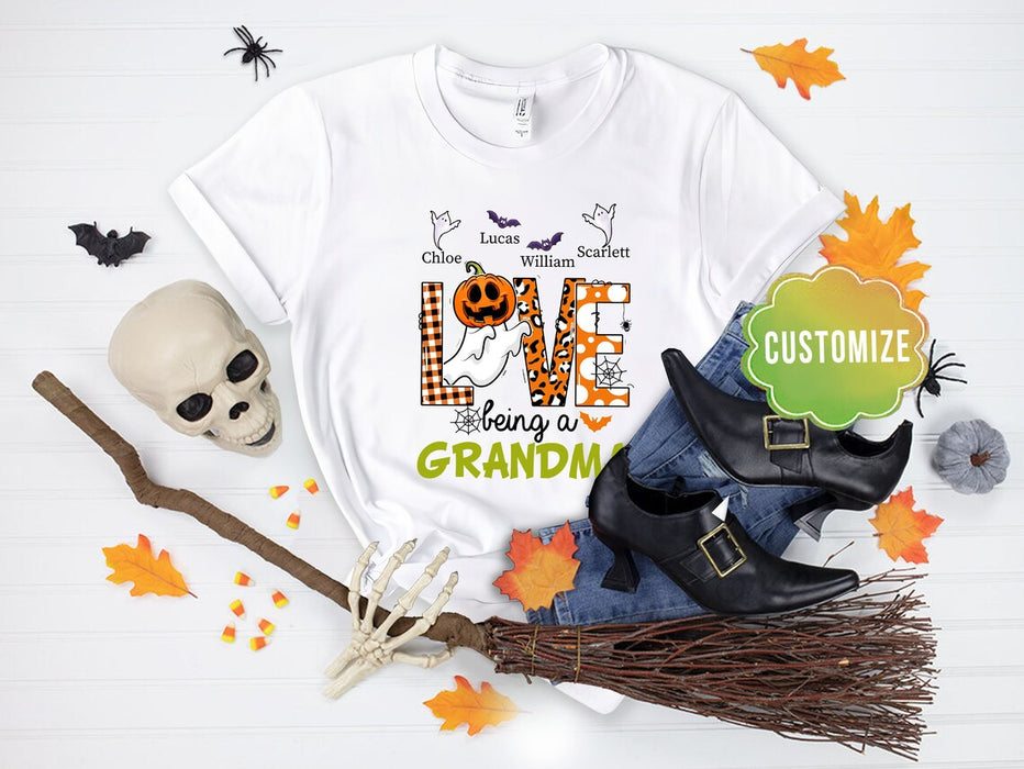 Personalized T-Shirt Love Being A Grandma Pumpkin Ghost Plaid Leopard Design Custom Grandkids Name Halloween Shirt