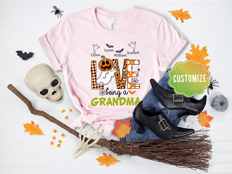 Personalized T-Shirt Love Being A Grandma Pumpkin Ghost Plaid Leopard Design Custom Grandkids Name Halloween Shirt