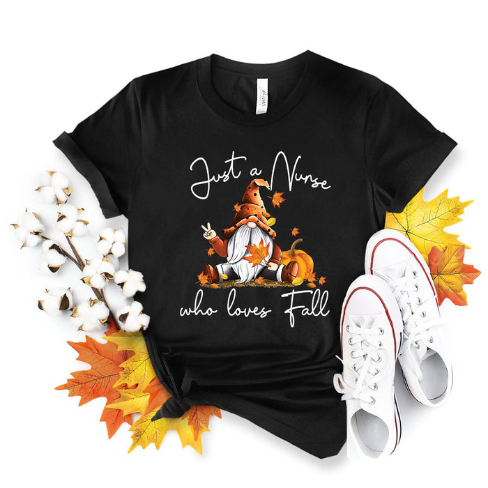 Classic T-Shirt For Women Just A Nurse Who Loves Fall Cute Gnome With Pumpkin & Maple Leaves Printed Nurse Shirt