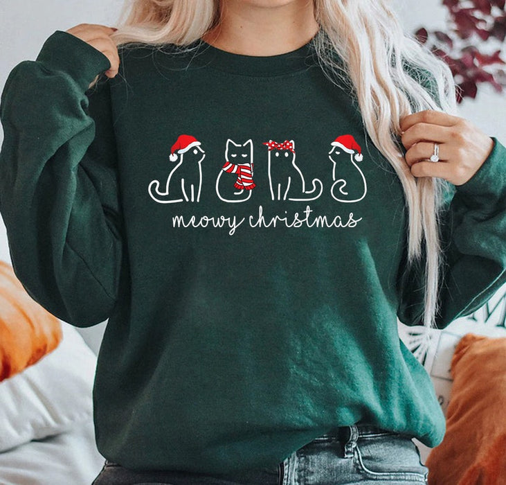 Meowy Christmas Sweatshirt For Men Women Cute Cats With Santa Hat Printed Funny Christmas Shirt For Cat Lovers