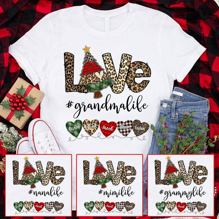 Personalized T-Shirt Love Hashtag Grandma Life Xmas Tree & Heart Printed Leopard Plaid Design Custom Grandkids Name