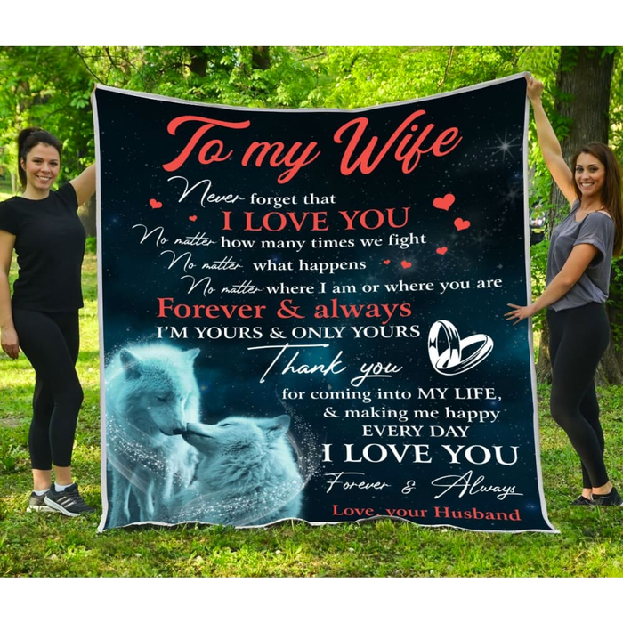 Personalized Fleece Blanket To My Wife Thank For Coming Into My Life White Wolf Couple Custom Name Valentine Blankets